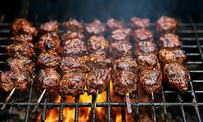 Grilled skewers of seasoned meat cooking on a hot barbecue grill. Juicy, flavorful pieces of meat are perfectly browned