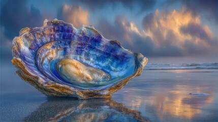 Solitary oyster shell on sandy shore under stormy skies