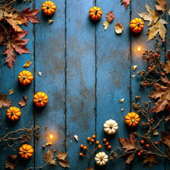 Autumn Flat Lay with Pumpkins and Leaves on Blue Wood with Lights