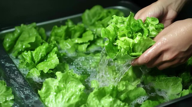 Person is washing a bunch of green lettuce in a sink. The lettuce is being washed with water and is being held by the person's hands