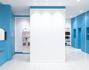 Empty white wall mockup in modern cosmetic store interior with blue accents and product shelves in background.