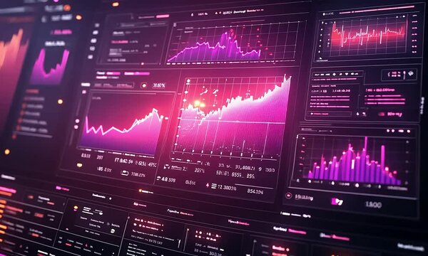 Interactive financial dashboard with multiple data visualizations, showing fluctuating graphs, charts, and metrics