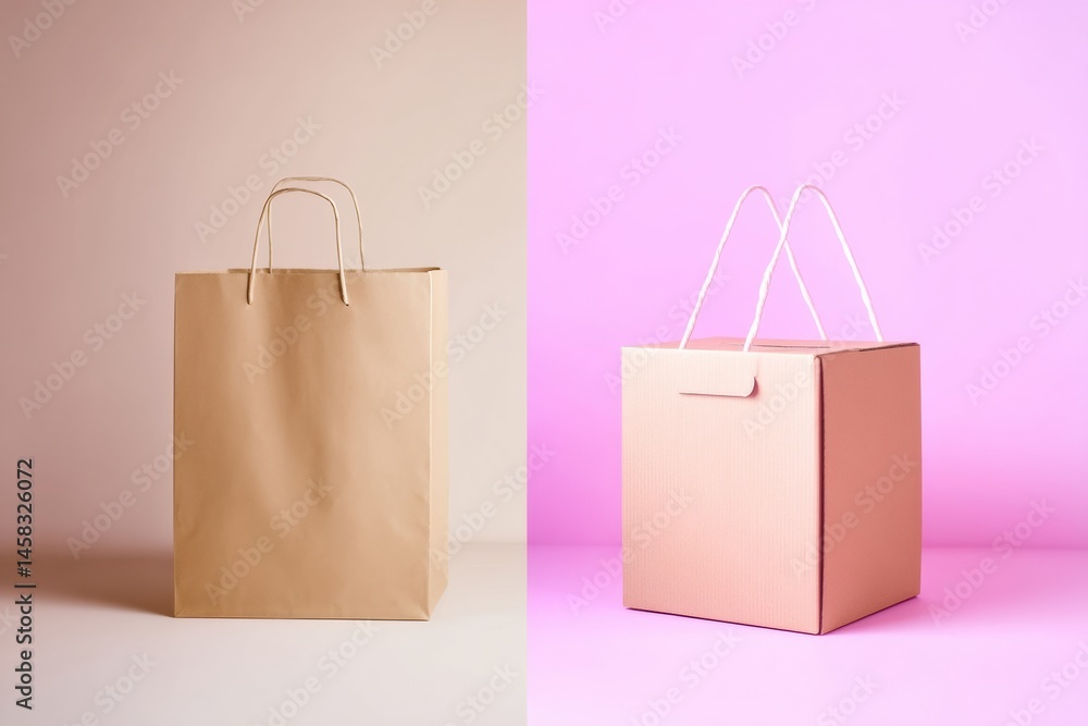 Poster Pastel Colored Paper Shopping Bag and Cardboard Box Displayed Side by Side in a Minimalistic Setting Generative AI