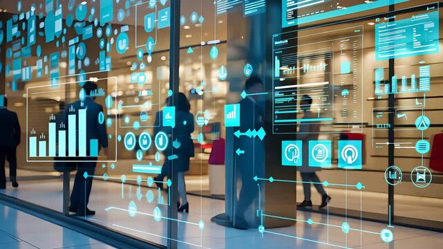 People walking past digital data interface projected on glass wall showing analytics, graphs, icons, and futuristic technology visuals


