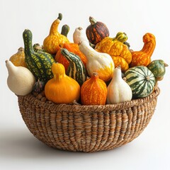Basket filled with gourds and squashes on a white background