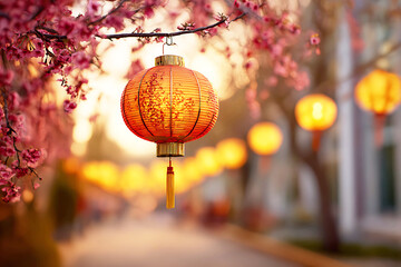 Obraz premium Orange lantern chinese new year celebration festival asia culture tradition light decoration asian holiday blossom
