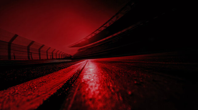 Empty track viewed from a low angle with red edge strips, capturing active sports energy.