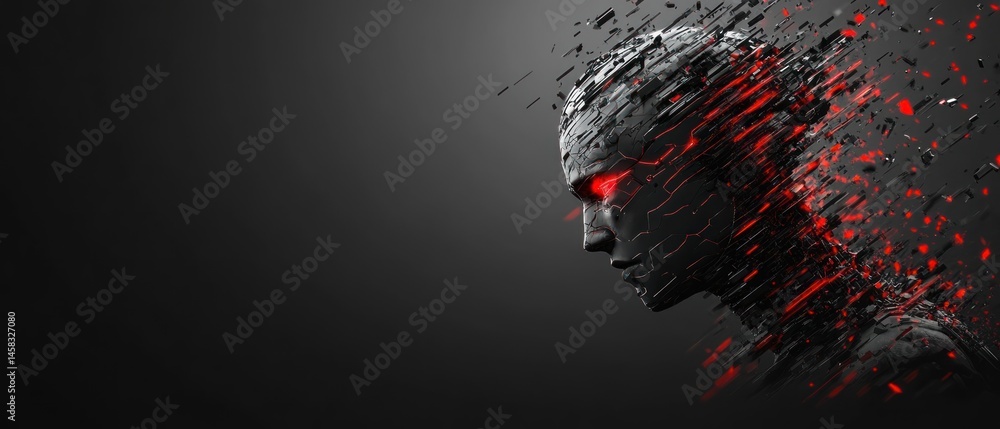 Poster digital abstract of fractured robot head red glowing lines dark background