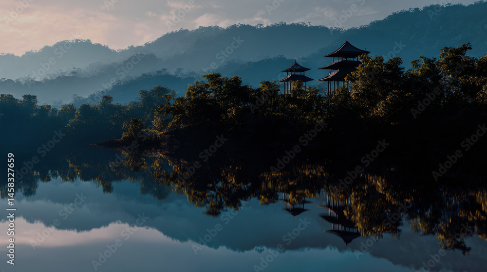 Aufkleber enchanting traditional computer architecture in a serene landscape painting with floating temples an