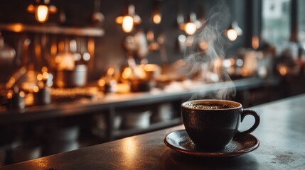 Steaming coffee cup on a bar counter in a cozy cafe.  Warm lighting, blurred background of kitchen area