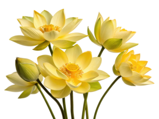 Beautiful yellow lotus flowers bloom gracefully, showcasing their delicate petals and vibrant colors in serene display of nature beauty