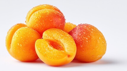 Vibrant golden apricots glistening with water droplets on display