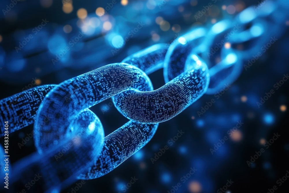 Poster innovative blockchain technology with luminous blue chains highlighting digital connectivity, blockc