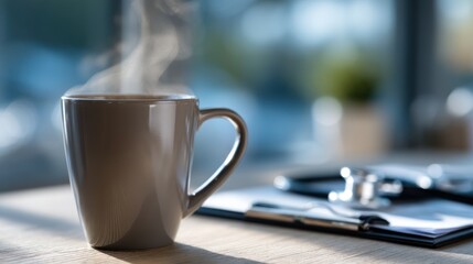 Steaming mug of coffee on a doctor's office desk, with a clipboard and stethoscope in the background.  Blurred, professional workspace setting