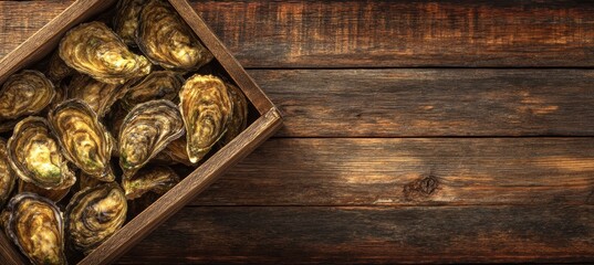 Rustic charm fresh oysters in a wooden crate with negative space