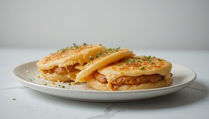 Two savory, cheesy sandwiches on a plate.