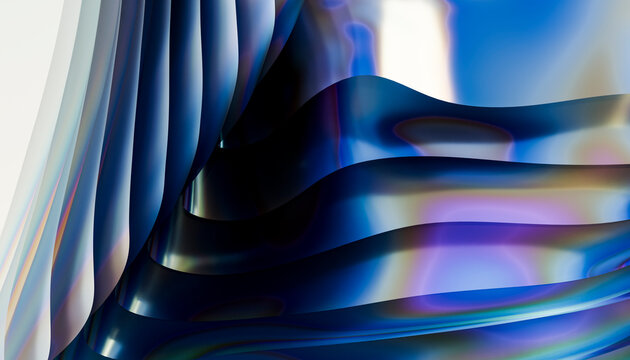 Abstract 3D render with blue metallic waves and reflections
