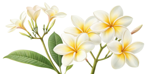Plumeria flowers bloom beautifully with delicate petals and vibrant colors, creating serene and joyful atmosphere