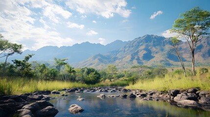 A tranquil view of Bali's Mount Rinjani, located on nearby Lombok Island, with a clear sky and pristine environment
