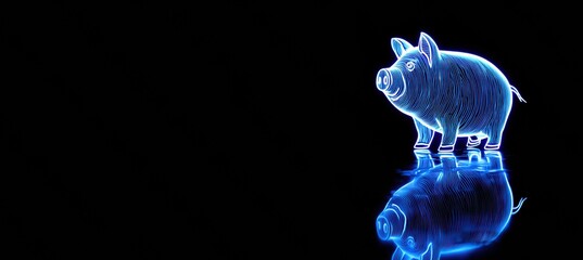 Illuminated neon blue piggy bank silhouette on black background