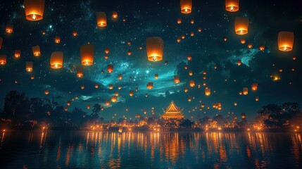 Naklejka premium Night Sky Spectacle: Hundreds of Floating Lanterns Illuminate a Serene Lakeside Temple