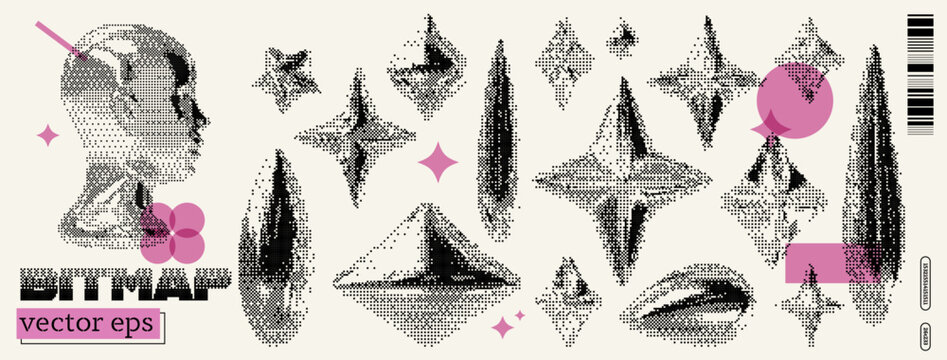 Geometric shapes and a stylized head compose this vector art piece, reflecting y2k aesthetics and dada influences. The artwork features varied dimensions and monochromatic patterns.