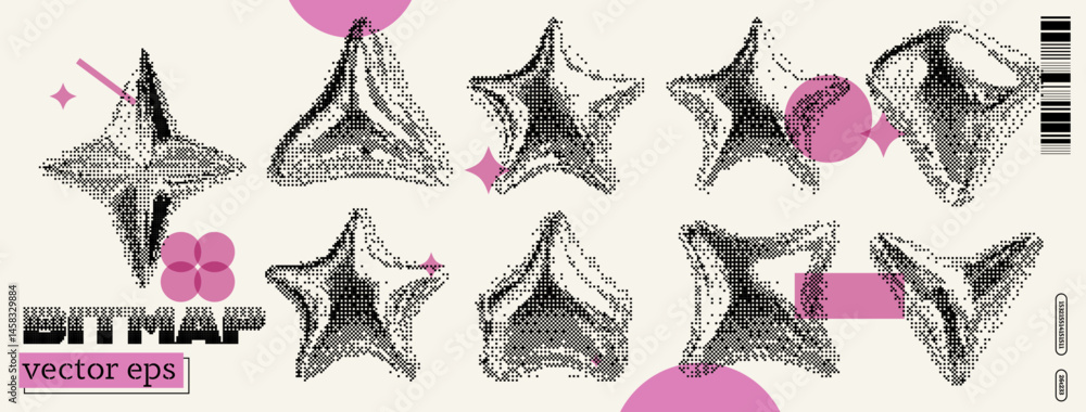 Poster creative exploration of y2k and dada styles through vector illustrations of unique bitmap shapes