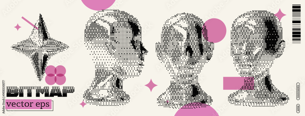 Poster artistic vector illustration showcasing abstract human figures with a y2k and dada aesthetic in a bi