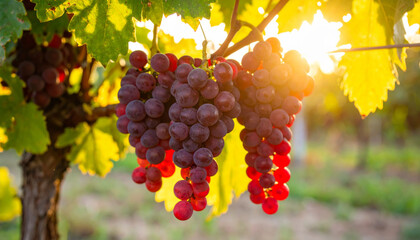 Fototapeta premium Fresh red grapes hang in sunlit vineyard, showcasing their vibrant colors and lush green leaves. warm sunlight enhances beauty of this natural scene, evoking sense of tranquility and abundance