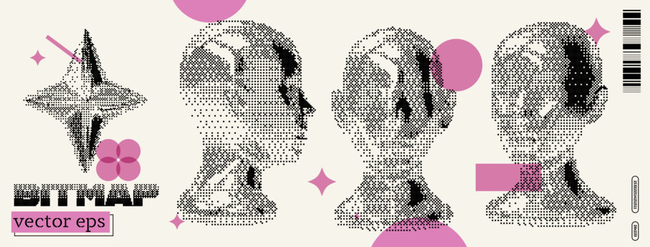 Artistic vector illustration showcasing abstract human figures with a y2k and dada aesthetic in a bitmap style