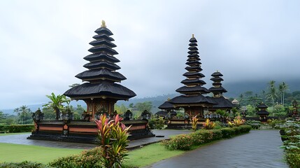 The colorful Pura Taman Ayun Temple, surrounded by beautifully manicured gardens and traditional Balinese architecture