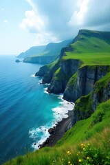Rugged coastline, dramatic cliffs, lush green hills , Cape Breton Highlands, picture