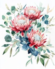 Soft pastel waratah and eucalyptus floral arrangement on white neutral background