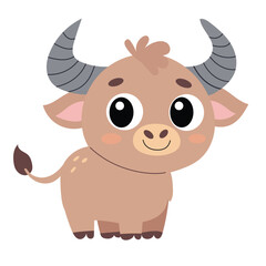 Cute Little African Buffalo in Flat Style Isolated on White Background. Hand Drawn Vector Art.
