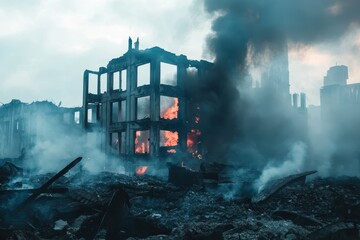 Fototapeta premium War zone attack impacts building, engulfed in flames with heavy smoke rising, destroyed building at war zone attack, fire burn, Photo in background