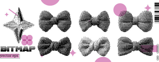 Creative vector illustration of y2k-inspired bitmap bowtie patterns in a dada style with vibrant colors and abstract shapes