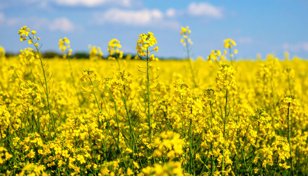 Bright yellow flowers bloom in vibrant springtime field under clear blue sky, creating picturesque landscape filled with natural beauty and warmth - Powered by Adobe