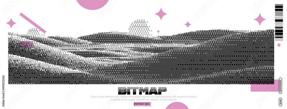 Poster exploring the intersection of y2k aesthetics and dadaism in a digital landscape illustration with a 