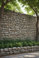 Stone wall park poster mockup, leafy trees background,  display,  marketing