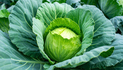 Fototapeta premium Fresh green cabbage nestled among large, vibrant leaves, showcasing its round shape and healthy appearance. lush foliage creates rich backdrop, emphasizing cabbage natural beauty and freshness
