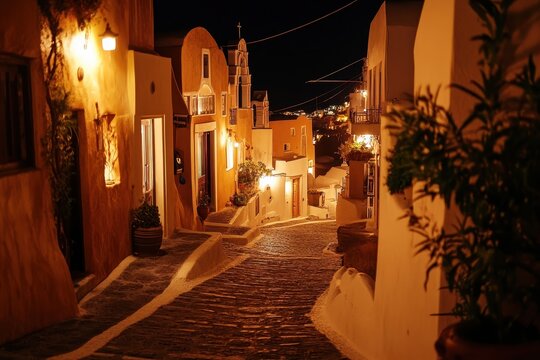 Fototapeta Illuminated streets of Santo create vibrant ambiance for nightlife exploration in Greece, Greek island nightlife Illuminated streets of Santorini island Oia town