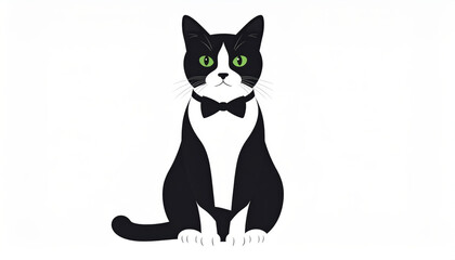 Elegant tuxedo cat with striking green eyes sits gracefully against white background, exuding charm and sophistication. This delightful feline captures attention with its stylish bow tie
