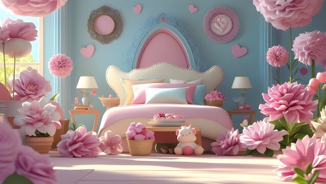 pastel bedroom with pink roses flower cute decoration and sunlight