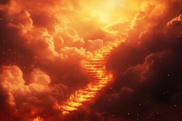 Fototapeta premium Blazing stairway ascends through fiery clouds toward a golden horizon at sunset, Animated blazing stairway ascending through the clouds with fiery intensity