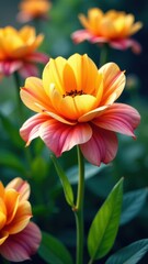 Vibrant orange and pink flowers blooming in lush green garden.