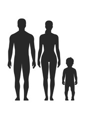 A silhouette of the human body in a standing position, including adults, men, women and children.