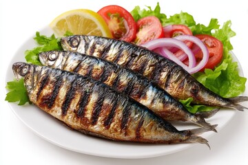 Grilled mackerel served on white plate with fresh green lettuce lemon wedges sliced tomatoes and red onion creating an appetizing culinary composition captured with clarity