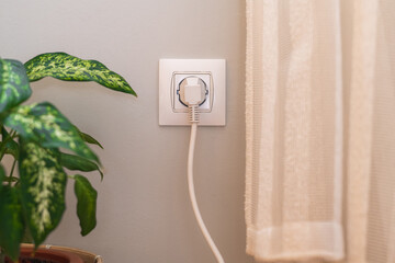 White electrical plug inserted into wall socket next to curtain and potted plant, providing a simple yet essential element of modern living and energy consumption