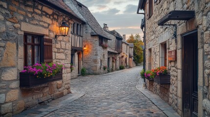 Fototapeta premium historic cobblestone jogging route winding ancient Europevillage, charming stone buildings lining way, flower boxes decorating