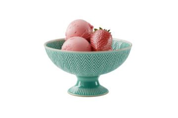 Colorful Ice Cream Scoops with Fresh Strawberries in Vintage Teal Bowl on Transparent Background